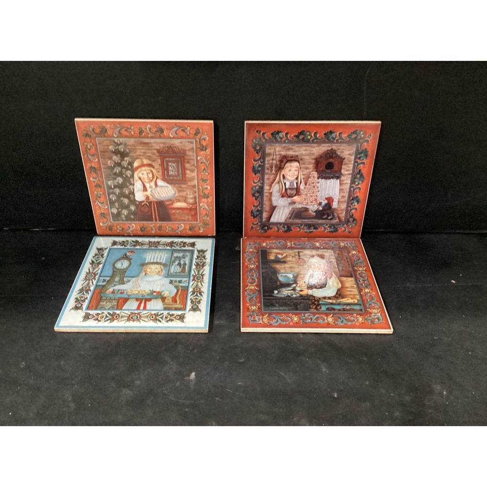 Lot of 4 Suzanne Toftey Decorative Tiles Trivets Norwegian Girl Kids Vintage *